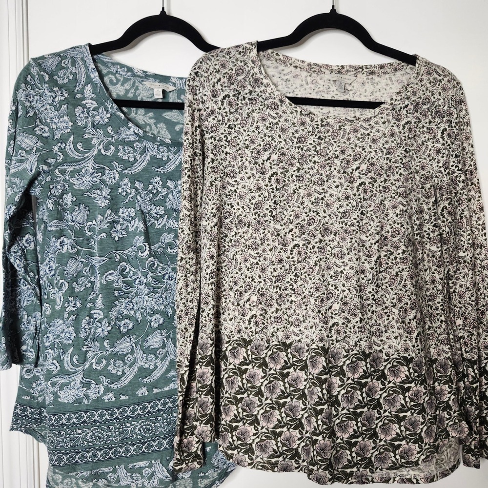 Lucky Brand Floral Tops Lot of 2 Green Cream Paisley Cotton Modal Womens Medium